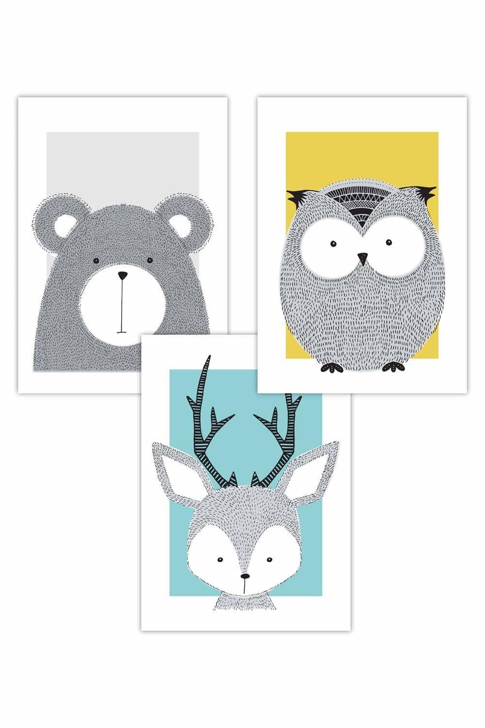 Set of 3 Nursery Scandi Sketch Forest Animals in Blue Yellow Grey Art Posters